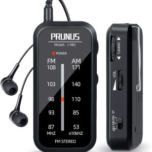 PRUNUS J-985 Pocket Radio Portable, AM FM Small Radio with Headphones and Back Clip, Mini Radios Transistor Supports FM Stereo, AAA Battery Operated Radio for Walking, Running, Fishing